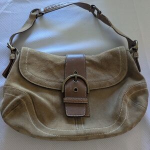 Coach Vintage Tan Suede Hobo Bag with 2 small ink marks.